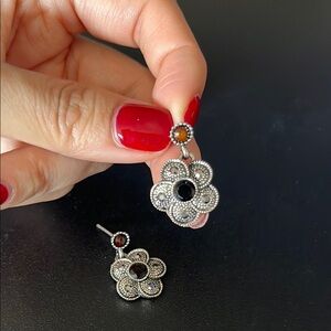 Elegant Silver and Black Floral Earrings